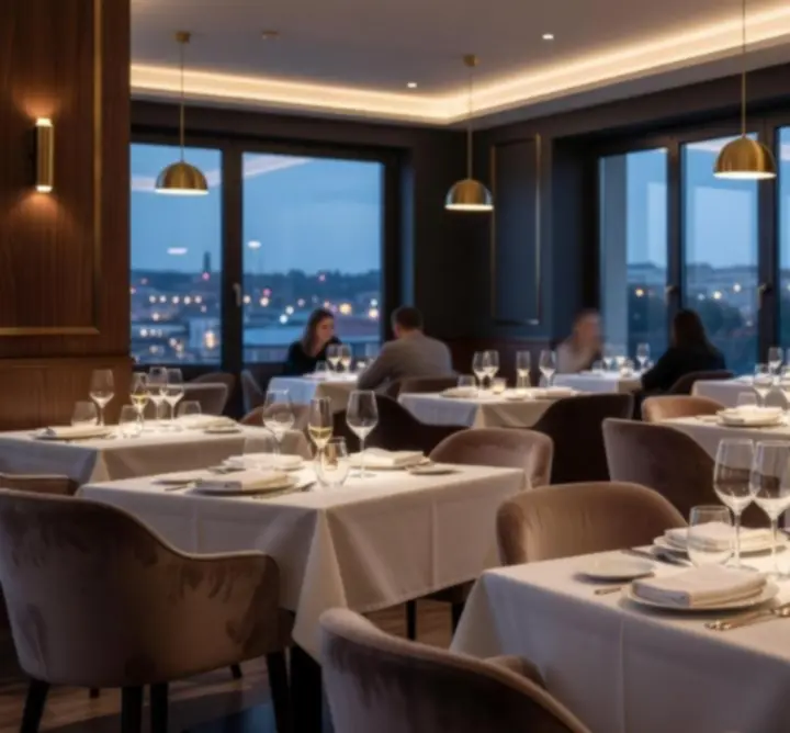 Луксозен интериор на ресторант Sofia Spade Bistro с модерно осветление и елегантни маси