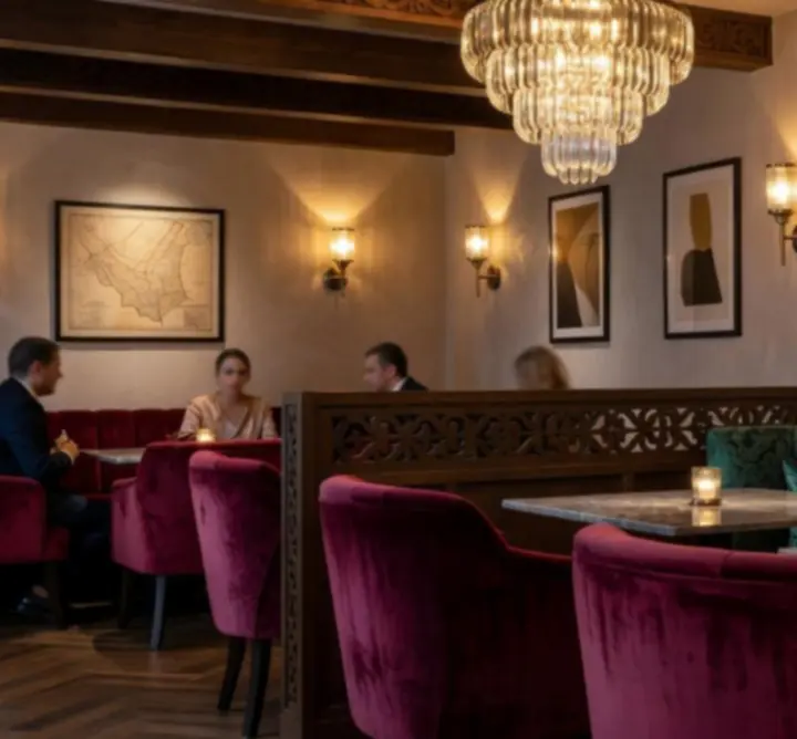 Луксозен интериор на ресторант Sofia Spade Bistro с модерна декорация и мека светлина