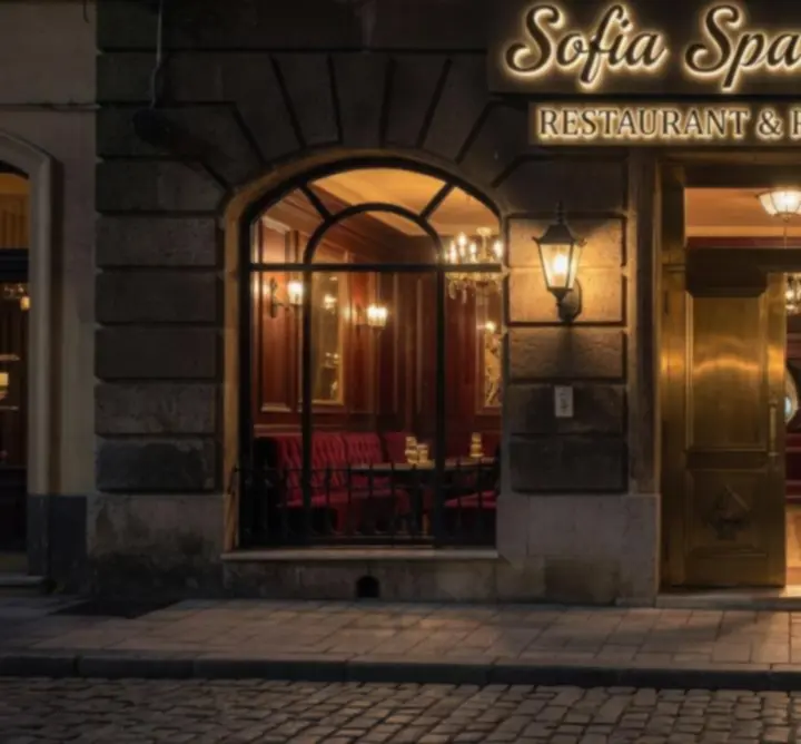 Нощен изглед към екстериора на Sofia Spade Bistro в София